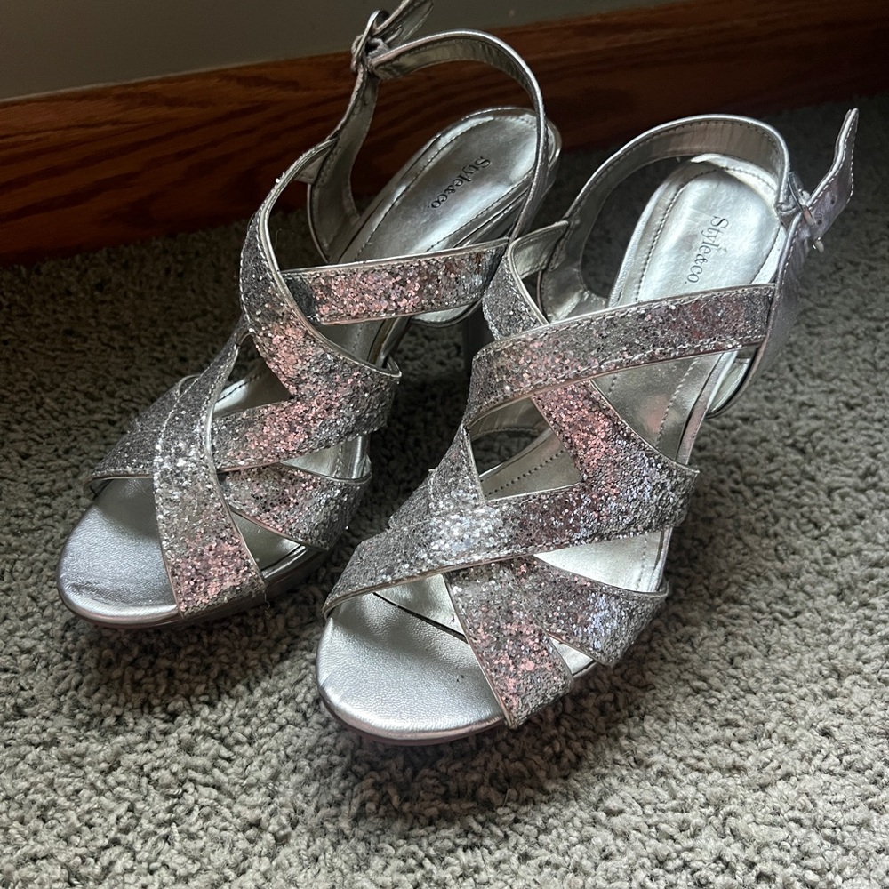 Style & Co Silver Glitter Heels with Crisscross Straps